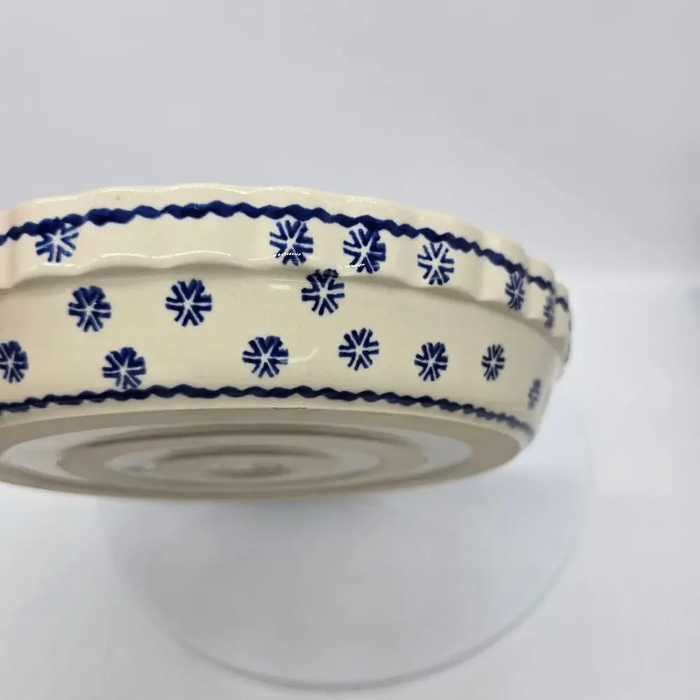 Vintage Polish Pottery Pie Plate Dish Handles Evergreen Trees Snowflakes Poland
